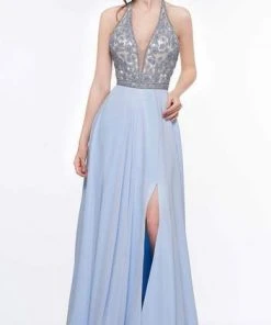 Formal Gowns Colors Dress - Floral Beaded Plunging Halter Chiffon Gown 2051