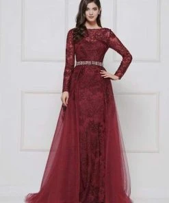 Formal Gowns Colors Dress - Lace Sheath Long Sleeve Gown With Overskirt 1830SL