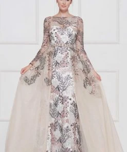 Formal Gowns Colors Dress - Lace Sheath Long Sleeve Gown With Overskirt 1830SL