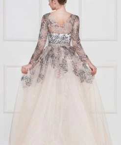 Formal Gowns Colors Dress - Lace Sheath Long Sleeve Gown With Overskirt 1830SL