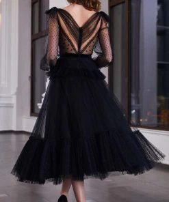 Cristallini - Embroidered Asymmetric A-Line Dress SKA935 - 1 Pc Black In Size 2XL Available Cocktail Dresses