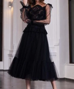 Cristallini - Embroidered Asymmetric A-Line Dress SKA935 - 1 Pc Black In Size 2XL Available Cocktail Dresses