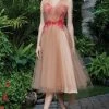 Cristallini - Embroidered Ornate Tulle A-Line Dress SKA735 - 1 Pc Red/Nude In Size M Available Cocktail Dresses