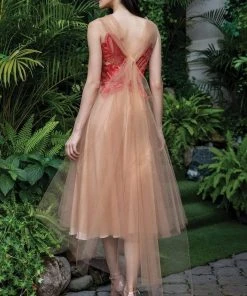 Cristallini - Embroidered Ornate Tulle A-Line Dress SKA735 - 1 Pc Red/Nude In Size M Available Cocktail Dresses