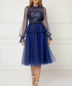 Cristallini - Knee Length Sequin Appliqued High Neck Dress SKA1026 - 1 Pc Royal Blue In Size 3XL Available Cocktail Dresses