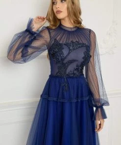 Cristallini - Knee Length Sequin Appliqued High Neck Dress SKA1026 - 1 Pc Royal Blue In Size 3XL Available Cocktail Dresses