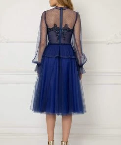 Cristallini - Knee Length Sequin Appliqued High Neck Dress SKA1026 - 1 Pc Royal Blue In Size 3XL Available Cocktail Dresses