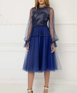 Cristallini - Knee Length Sequin Appliqued High Neck Dress SKA1026 - 1 Pc Royal Blue In Size 3XL Available Cocktail Dresses