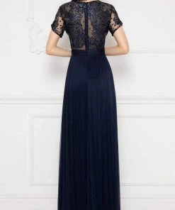 Formal Gowns Cristallini - Sheer Short Sleeves Pleated Evening Gown SKA991 - 1 Pc Navy In Size 3XL Available