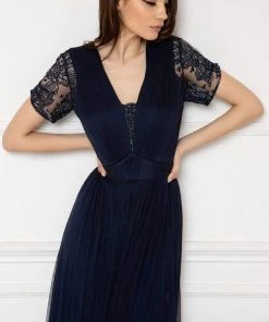 Formal Gowns Cristallini - Sheer Short Sleeves Pleated Evening Gown SKA991 - 1 Pc Navy In Size 3XL Available