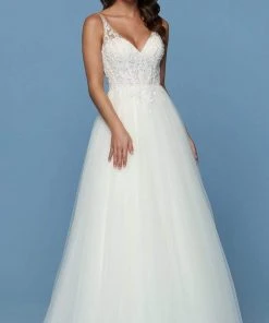 Da Vinci Bridal Formal Gowns Da Vinci - Beaded V Neck Tulle Bridal Gown 50571 - 1 Pc Ivory/Ivory In Size 16 Available