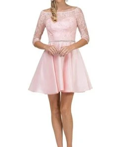 Dancing Queen - 2112 Beaded Sheer Lace Quarter Sleeve Satin Dress Cocktail Dresses