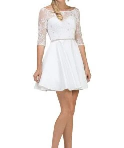 Dancing Queen - 2112 Beaded Sheer Lace Quarter Sleeve Satin Dress Cocktail Dresses