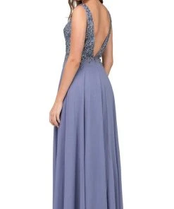 Dancing Queen - 2312 Floral Beaded Deep V-neck A-line Prom Dress Formal Gowns