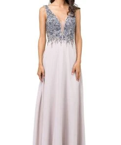Dancing Queen - 2312 Floral Beaded Deep V-neck A-line Prom Dress Formal Gowns