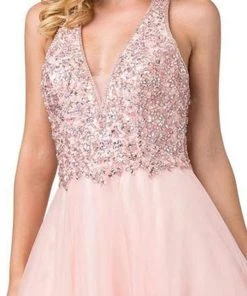 Dancing Queen - 2532 Beaded Sheer Deep Halter V-neck A-line Gown - 1 Pc Blush In Size S Available