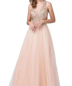 Dancing Queen - 2532 Beaded Sheer Deep Halter V-neck A-line Gown - 1 Pc Blush In Size S Available