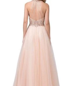 Dancing Queen - 2532 Beaded Sheer Deep Halter V-neck A-line Gown - 1 Pc Blush In Size S Available