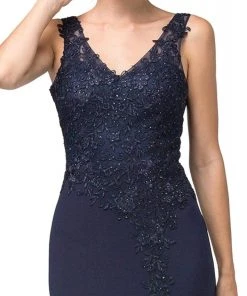 Dancing Queen - 2622 Embroidered V-Neck Dress With Slit