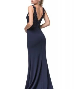 Dancing Queen - 2622 Embroidered V-Neck Dress With Slit