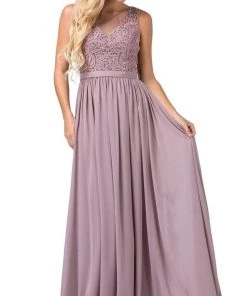 Dancing Queen - 2677 Illusion Neckline Beaded Lace Bodice Chiffon Gown Formal Gowns