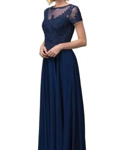 Dancing Queen - 2727 Embroidered Rosette Short Sleeve Long Dress Formal Gowns