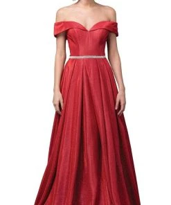 Dancing Queen - 2824 Iridescent Off Shoulder Gown With High Slit Formal Gowns