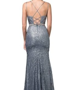 Dancing Queen - 2826 Glitter Plunging V Neck Gown With Slit