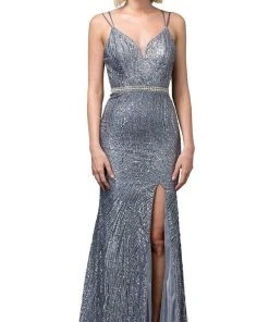 Dancing Queen - 2826 Glitter Plunging V Neck Gown With Slit