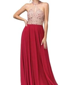 Dancing Queen - 2838 Beaded Keyhole Cutout Halter Long Dress