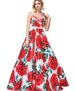 Dancing Queen - 2845 Floral Ruched V-Neck Ballgown
