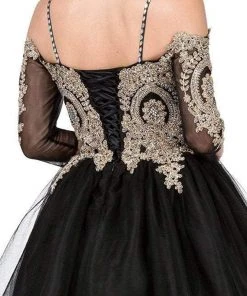 Dancing Queen - 3001 Cold Shoulder Gold Lace Applique Cocktail Dress