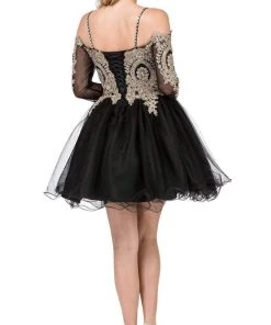 Dancing Queen - 3001 Cold Shoulder Gold Lace Applique Cocktail Dress