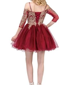 Dancing Queen - 3001 Cold Shoulder Gold Lace Applique Cocktail Dress