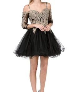 Dancing Queen - 3001 Cold Shoulder Gold Lace Applique Cocktail Dress