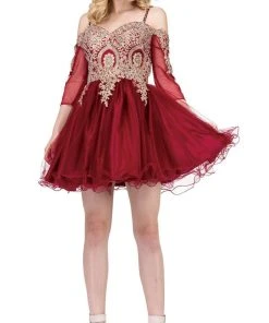 Dancing Queen - 3001 Cold Shoulder Gold Lace Applique Cocktail Dress