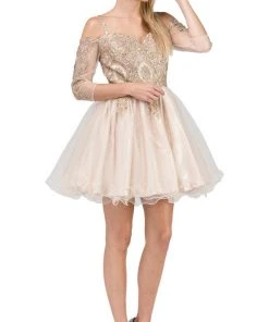 Dancing Queen - 3001 Cold Shoulder Gold Lace Applique Cocktail Dress