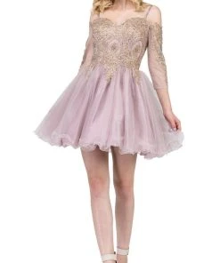 Dancing Queen - 3001 Cold Shoulder Gold Lace Applique Cocktail Dress