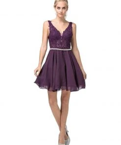 Dancing Queen - 3011 Plunging V-Neck Lace Bodice Homecoming Dress Cocktail Dresses
