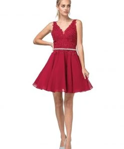 Dancing Queen - 3011 Plunging V-Neck Lace Bodice Homecoming Dress Cocktail Dresses