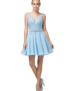 Dancing Queen - 3011 Plunging V-Neck Lace Bodice Homecoming Dress Cocktail Dresses