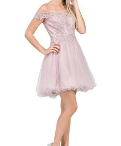 Dancing Queen - 3018 Embellished Off-Shoulder A-line Homecoming Dress