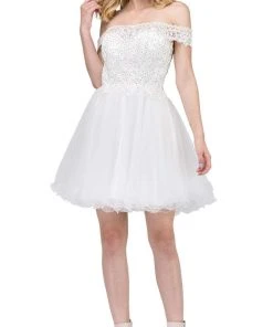 Dancing Queen - 3018 Embellished Off-Shoulder A-line Homecoming Dress