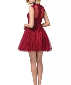 Dancing Queen - 3027 Beaded Lace High Neck A-Line Dress Cocktail Dresses