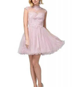 Dancing Queen - 3027 Beaded Lace High Neck A-Line Dress Cocktail Dresses