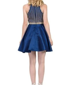 Dancing Queen - 3041 Gold Beaded Halter Neck A-line Homecoming Dress Cocktail Dresses