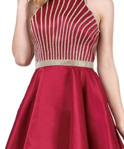 Dancing Queen - 3041 Gold Beaded Halter Neck A-line Homecoming Dress Cocktail Dresses