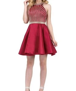 Dancing Queen - 3041 Gold Beaded Halter Neck A-line Homecoming Dress Cocktail Dresses