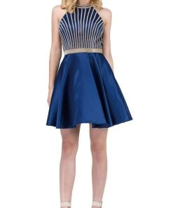 Dancing Queen - 3041 Gold Beaded Halter Neck A-line Homecoming Dress Cocktail Dresses