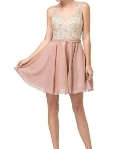 Cocktail Dresses Dancing Queen - 3130 Sleeveless V Neck Beaded Top A-Line Dress